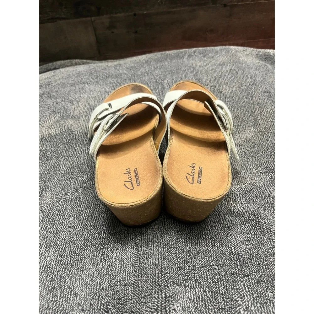 Clarks Collection White Double Strap Wedge Sandals Cork Heel Coastal Preppy Boho